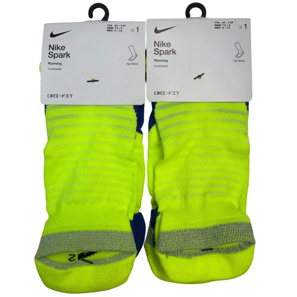 2 Nike Spark Running Cushioned No Show Socks Volt yellow Blue M 6-7.5 W 7.5-9